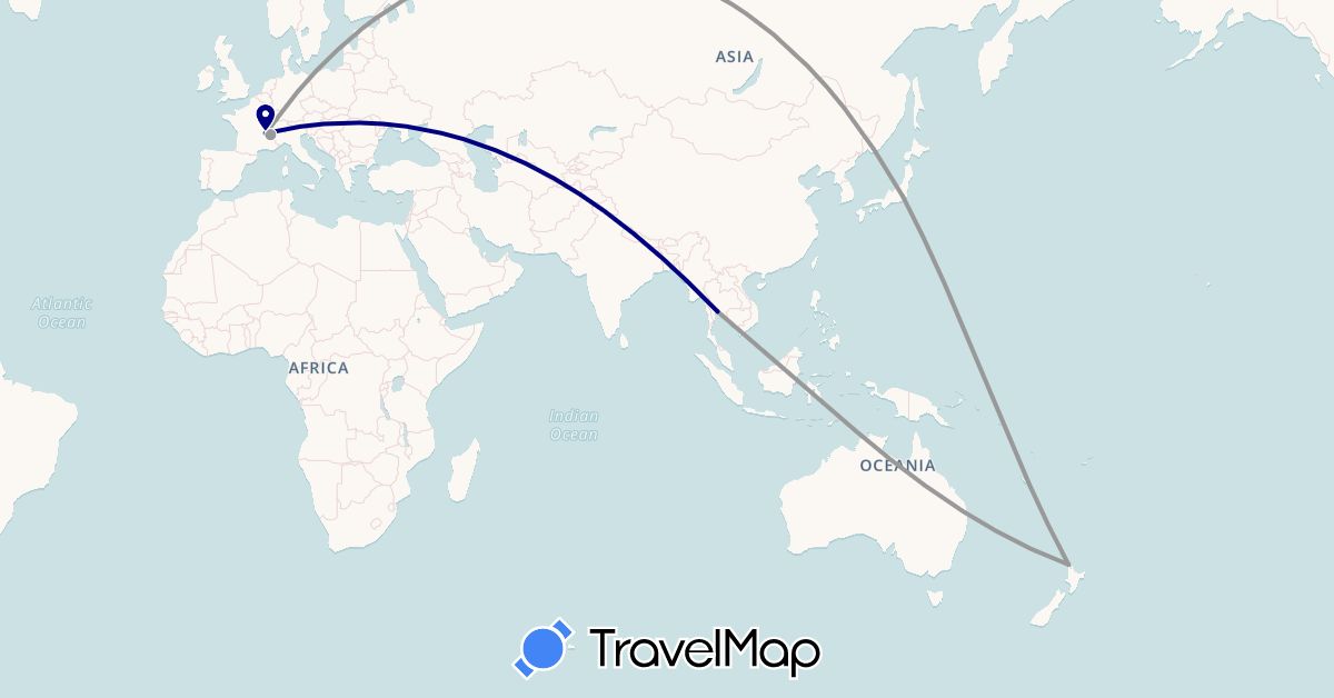 TravelMap itinerary: driving, plane in France, Japan, New Zealand, Thailand (Asia, Europe, Oceania)